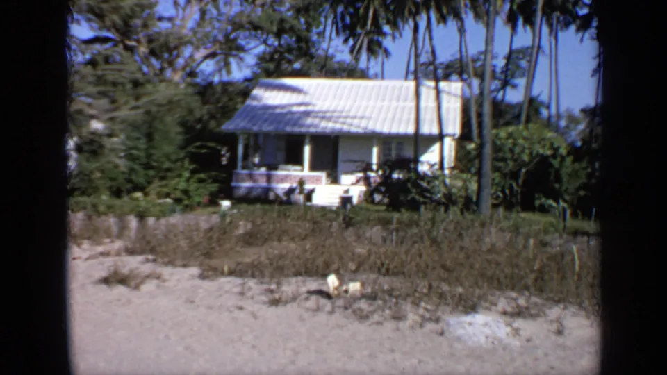 A small white countryside house with a corrugated roof stands among palms and tropical greenery in 1970 India footage.