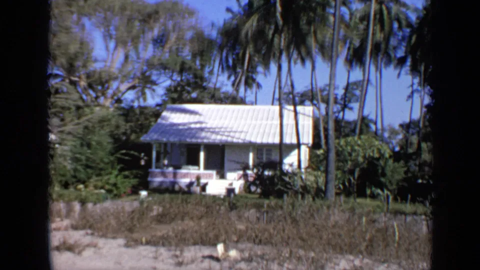 1970 India 8mm frame showing a white house with a corrugated roof set among tall palms and tropical plants.