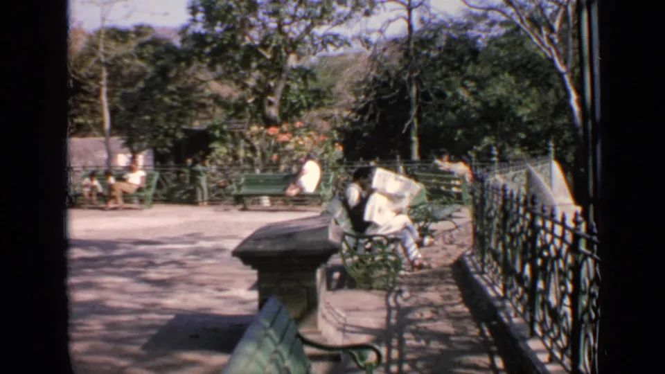 1970 8mm footage in India shows people seated on green benches in a sunny park with trees, flowering plants, and an iron fence.
