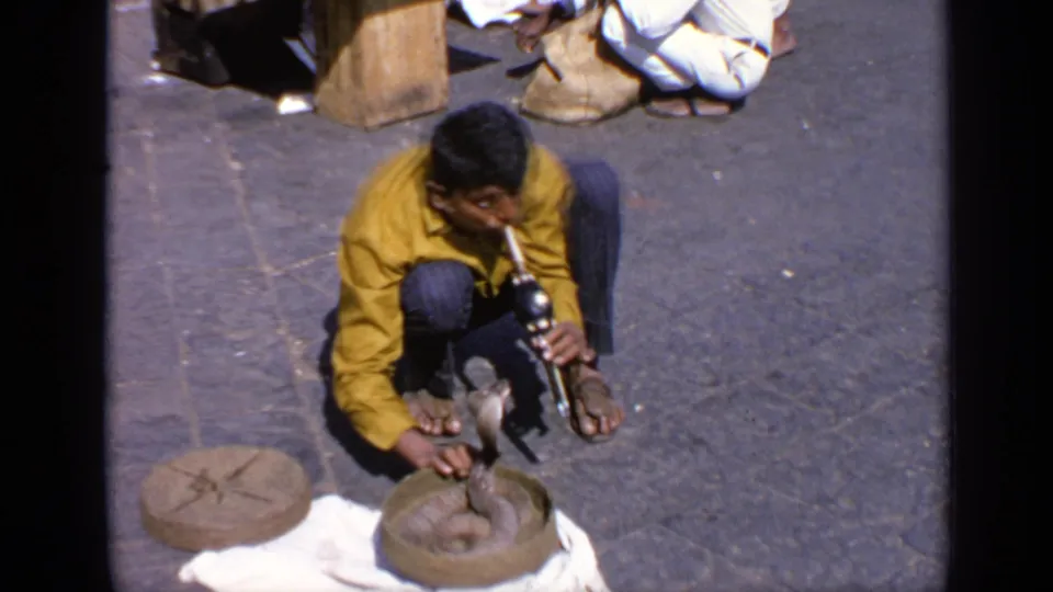 In 1970s India, the crouching man plays a wind instrument as a cobra rises from the basket on the stone pavement.