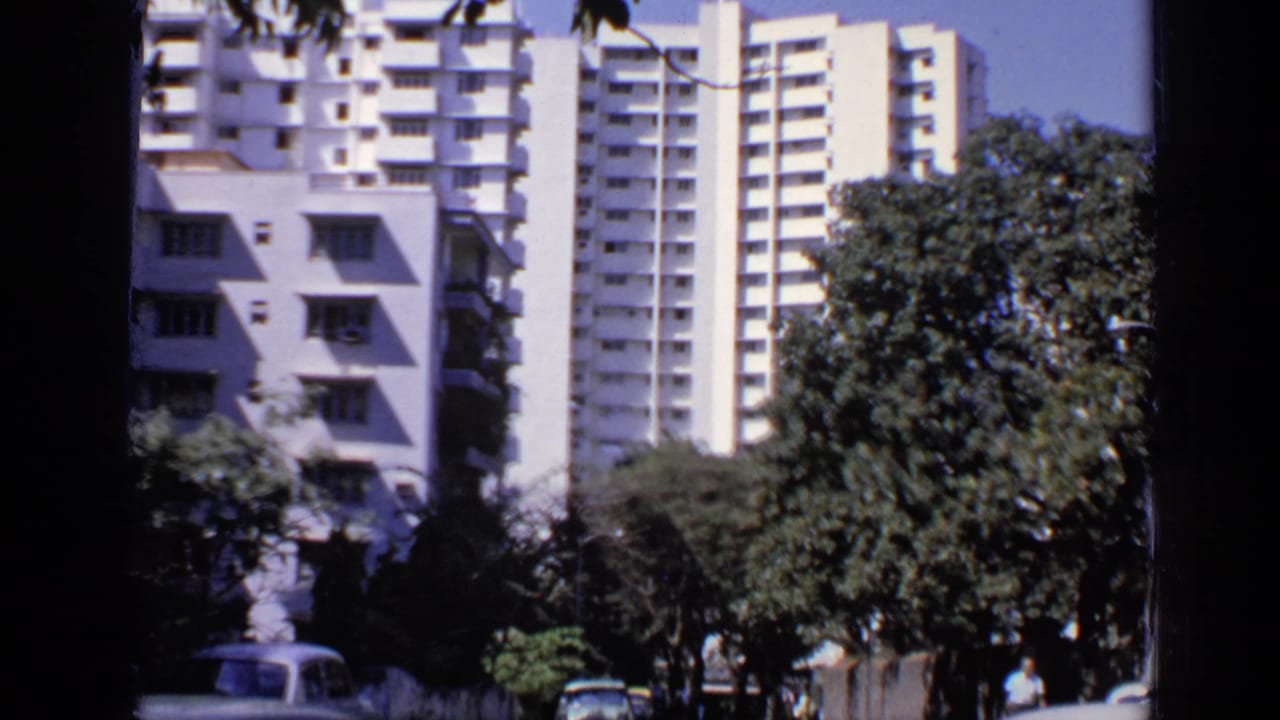 White high-rise apartment buildings behind trees and parked cars on a sunny street.