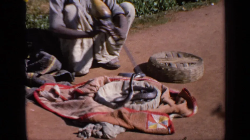 In 1970s India, a seated snake charmer performs beside a patterned cloth and basket as a cobra rises in bright sun.