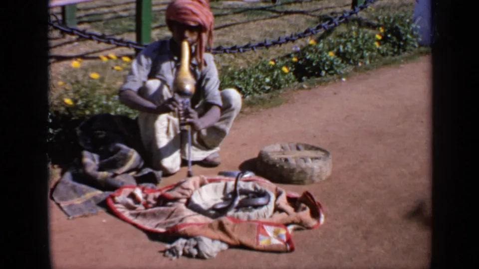 The 1970s India home-movie frame shows a seated snake charmer, cobra, patterned cloth, basket, and garden barrier in sun.