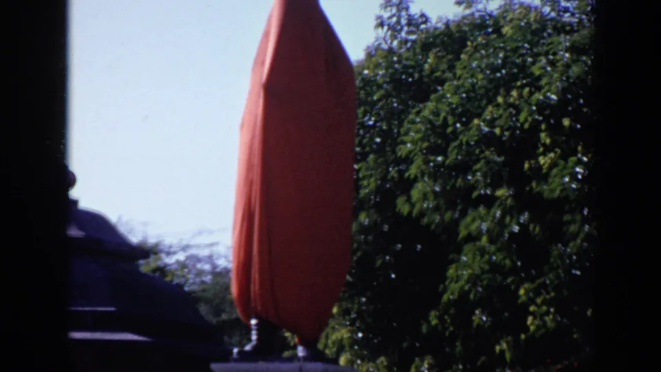 The red-draped form remains prominent, with green tree canopy, pale sky, and shadowed film-edge framing.