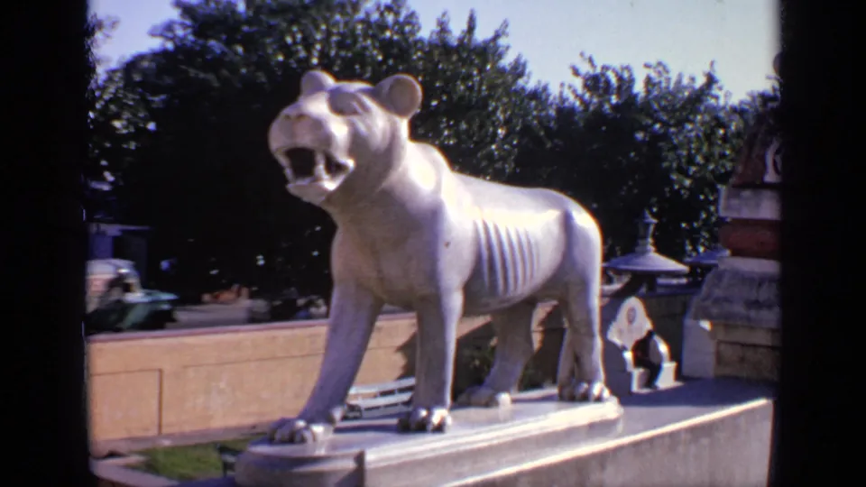 1970 India 8mm frame showing the white lioness statue from the front, with trees, a building edge, and a small car in the background.