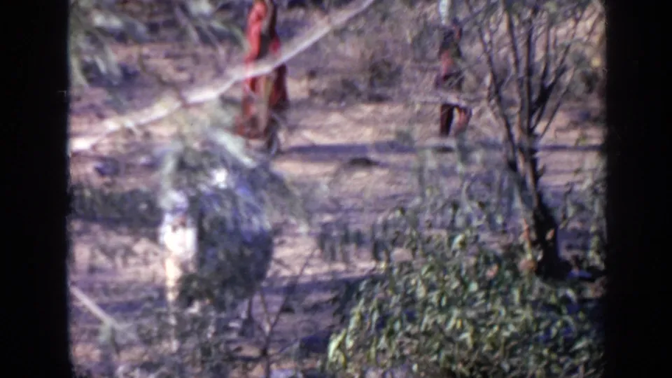 1970 India 8mm frame with a distant person in red seen through branches and scrub vegetation.