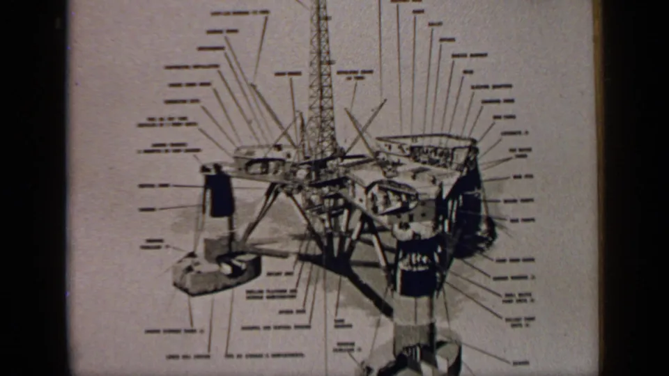 1970 United Kingdom 8mm frame showing a technical diagram of the Sea Quest drilling platform with a central derrick and labels.