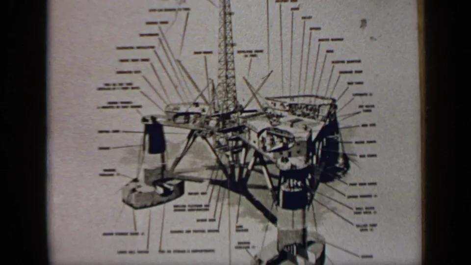 1970 United Kingdom frame showing the Sea Quest platform diagram with labeled components, deck details, and a derrick structure.