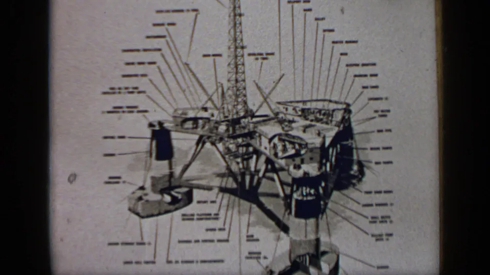 1970 United Kingdom 8mm frame showing a filmed instructional schematic of an offshore platform with dense component labels and visible film borders.