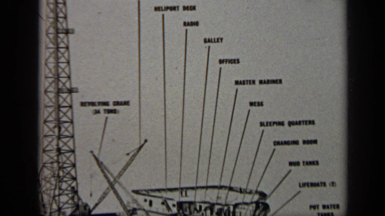 Close view of a labeled offshore platform diagram with heliport deck, radio, galley, offices, and sleeping quarters text.