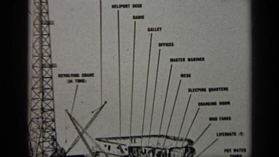 1970 United Kingdom instructional frame with a close-up of labeled platform facilities including heliport deck, radio, galley, offices, mess, and sleeping quarters.