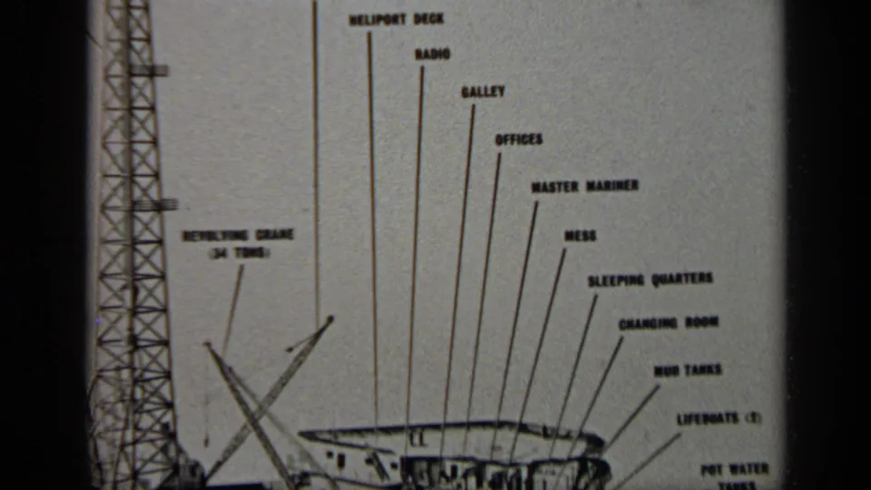 1970 United Kingdom 8mm frame focused on a platform cross-section with labels for crane, heliport deck, offices, mess, mud tanks, and lifeboats.