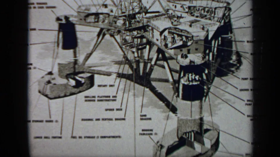 1970 United Kingdom instructional frame showing an oblique offshore platform schematic with deck equipment, support structure, annotation lines, and lifeboat markings.
