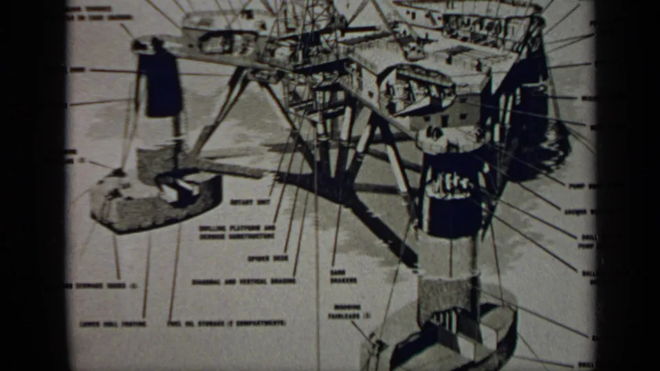 1970 United Kingdom 8mm frame showing a labeled industrial facility diagram, likely a cutaway or blueprint, with dark film-edge artifacts.