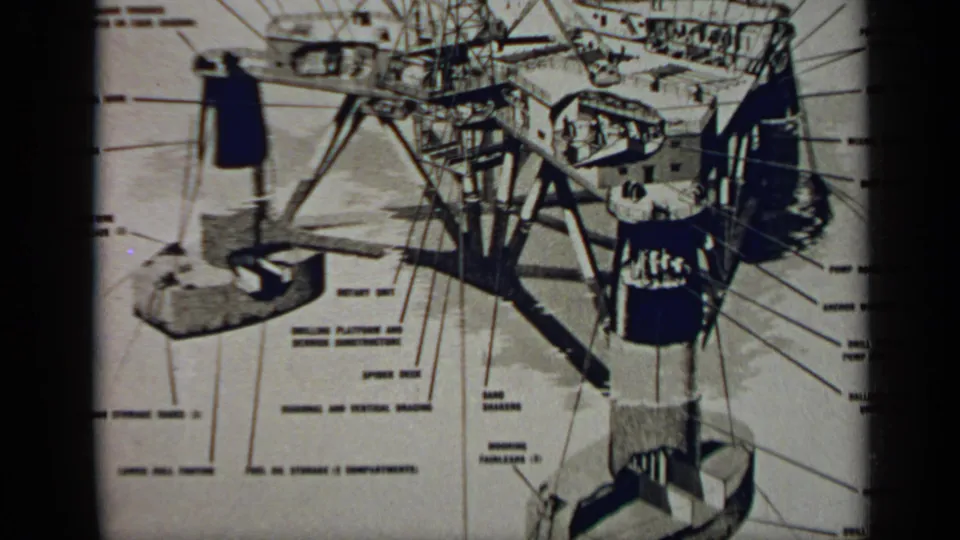 1970 United Kingdom 8mm frame of a high-contrast technical drawing with labels, structural supports, and film-edge shadowing.