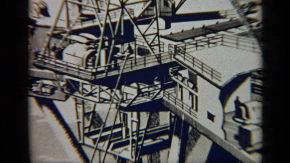 1970 United Kingdom 8mm frame showing a closer view of an industrial cutaway drawing with platforms, tanks, railings, and structural towers.