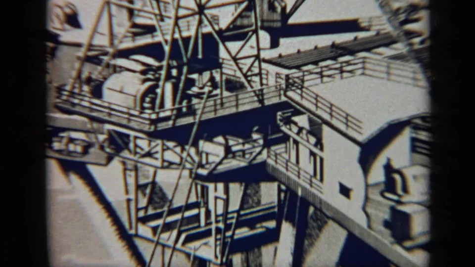 1970 United Kingdom 8mm frame repeating the industrial cutaway detail, with visible tower framing, platforms, tanks, and soft film texture.