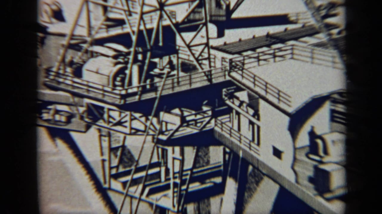 1970 8mm view of an offshore oil rig construction scene in the United Kingdom, showing steel framework, deck railings, machinery, and support legs.