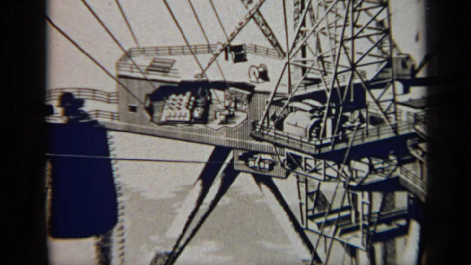 1970 United Kingdom offshore rig footage showing a platform deck, crane-like structures, rigging lines, equipment, and angled support legs.