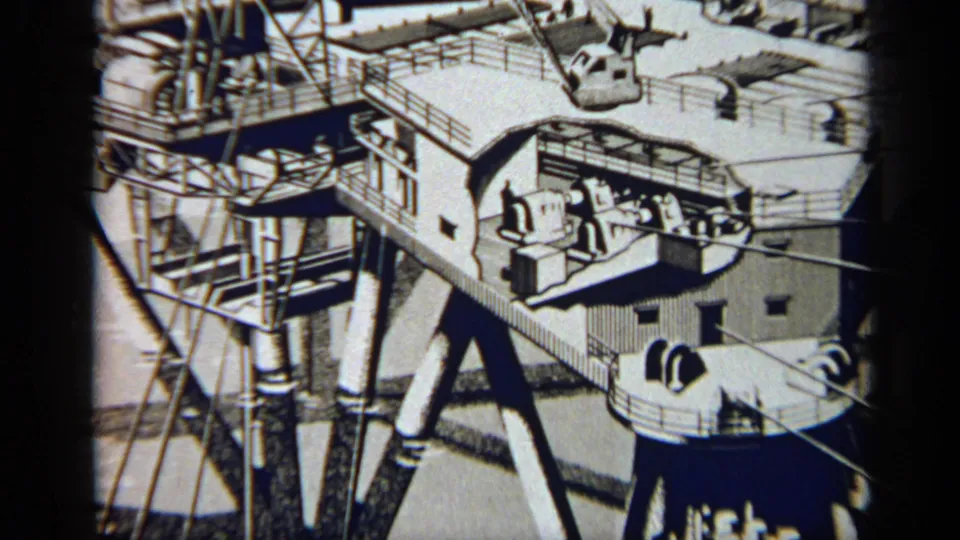 Close 1970 8mm frame of United Kingdom offshore rig construction, with railings, deck machinery, steel beams, cables, and angled support legs.