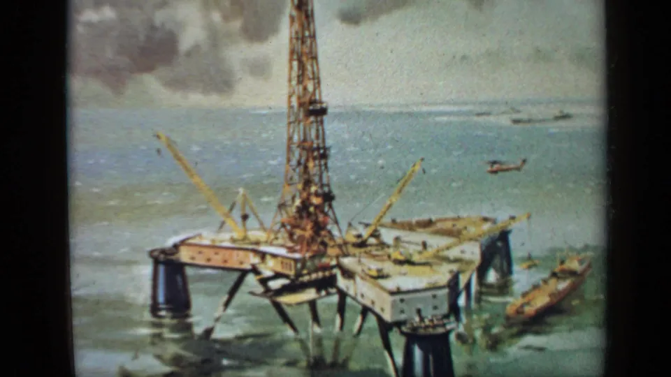 Faded color 1970 frame of a United Kingdom offshore platform at sea, with a derrick, support legs, nearby vessels, and a helicopter in the sky.