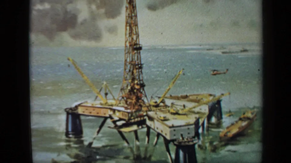 1970 United Kingdom 8mm frame showing a filmed industrial illustration of an offshore drilling platform in the sea.