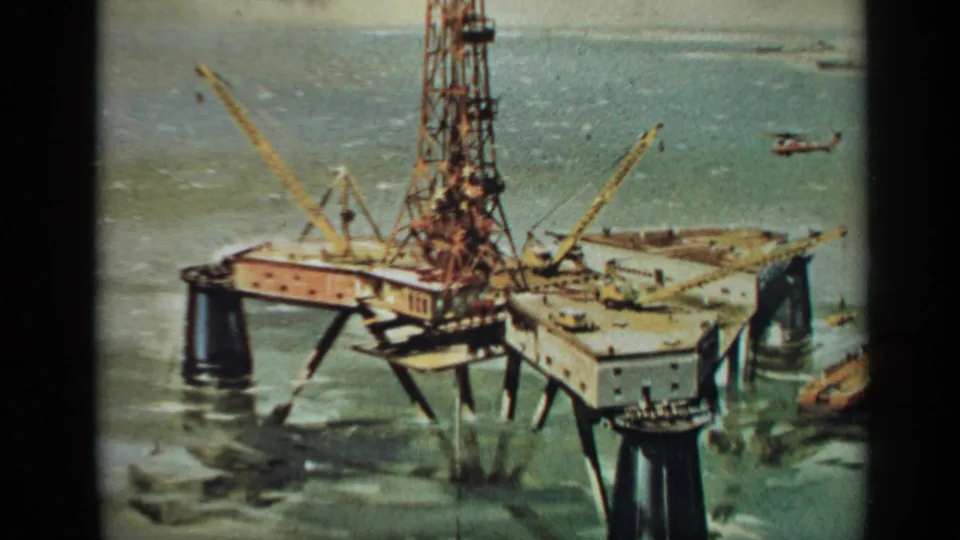 1970 United Kingdom frame moves closer to the drilling platform, showing the derrick, cranes, deck, support legs, and helicopter over the sea.