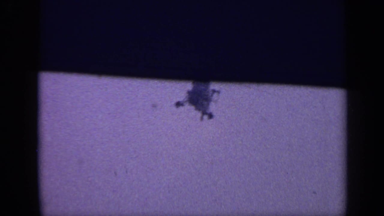 Small dark helicopter silhouette above a pale purple sky area within an 8mm contact frame.