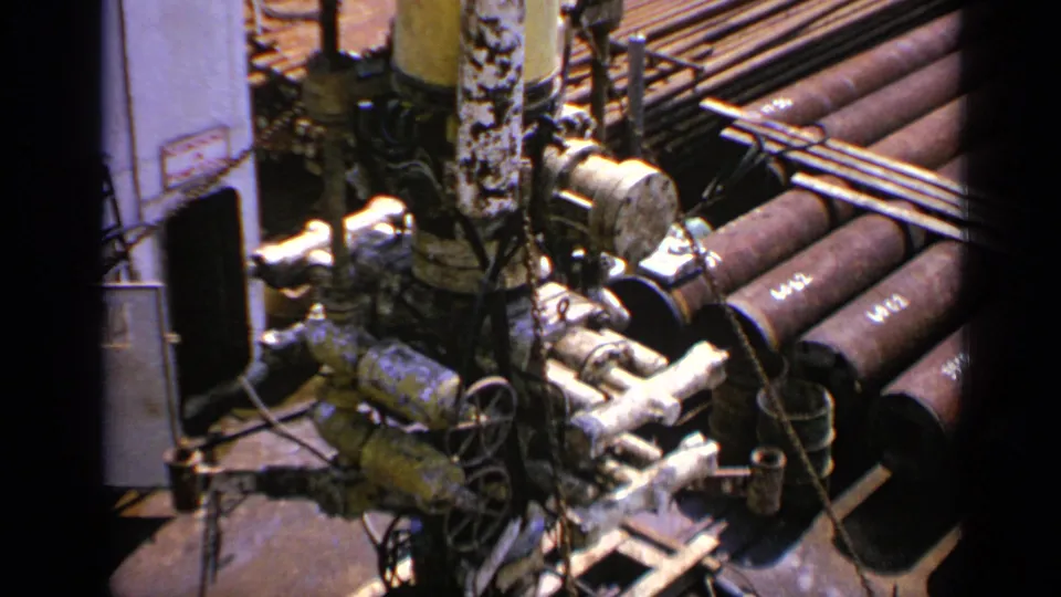 1970 United Kingdom 8mm frame showing rig machinery with valves, gauges, cables and stacked pipe sections.