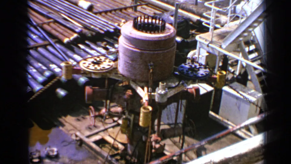 1970 United Kingdom 8mm frame showing a large cylindrical component, surrounding pipes, railings, and worksite equipment.