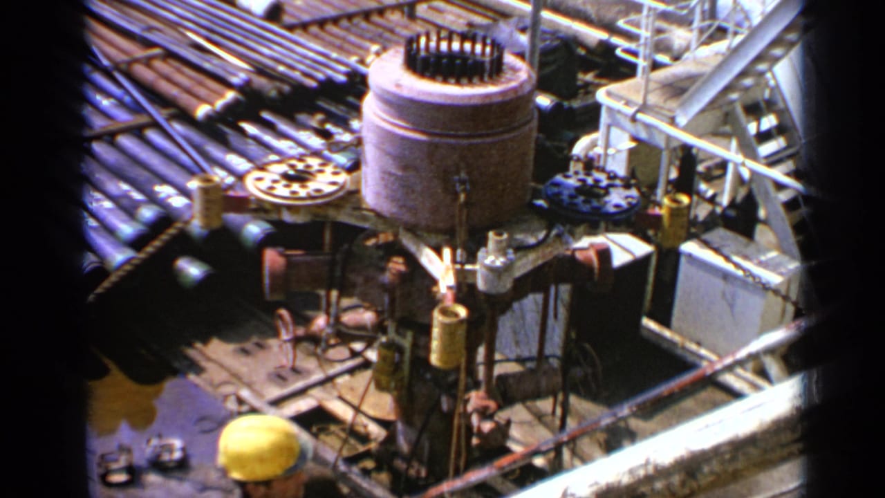 1970 United Kingdom offshore platform view with drilling equipment, bundled pipes, railings, and a hard-hatted worker partly visible below.