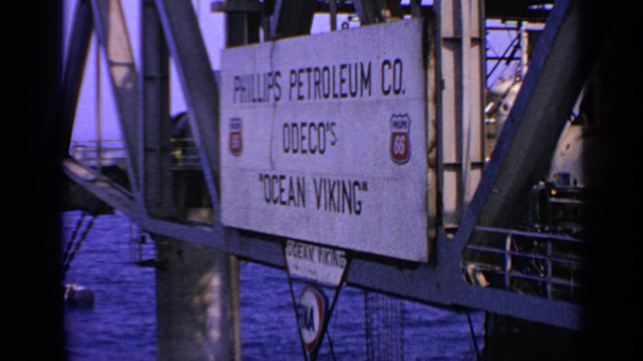 Close view of Phillips Petroleum Co. Ocean Viking sign on an offshore rig.