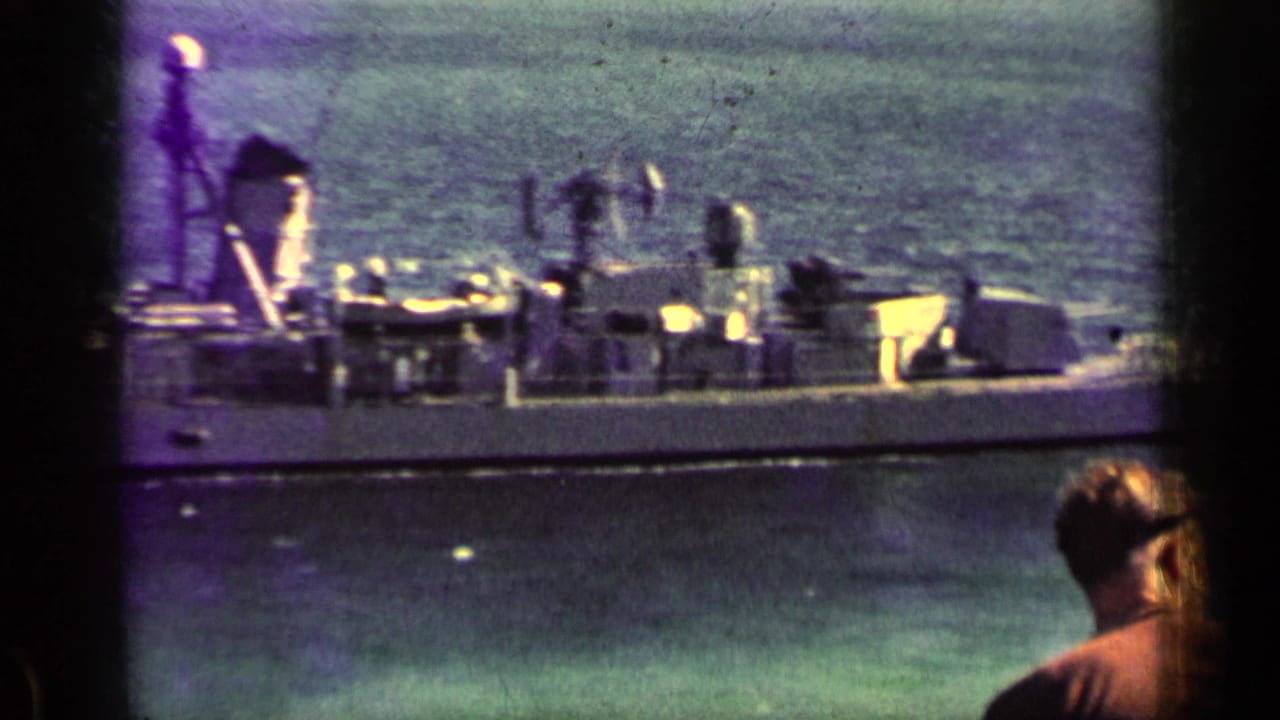 Naval ship near shore with one man watching from the lower right.