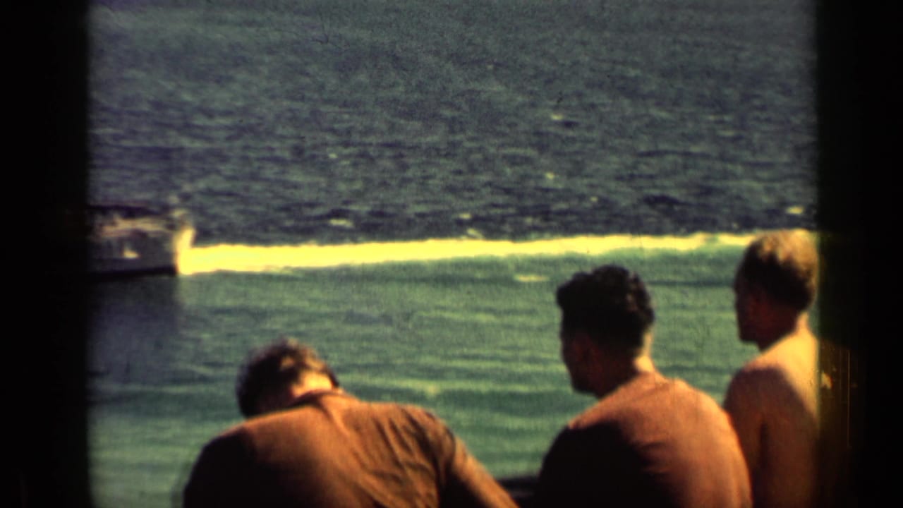 Men seen from behind on a ship deck looking out toward the ocean.
