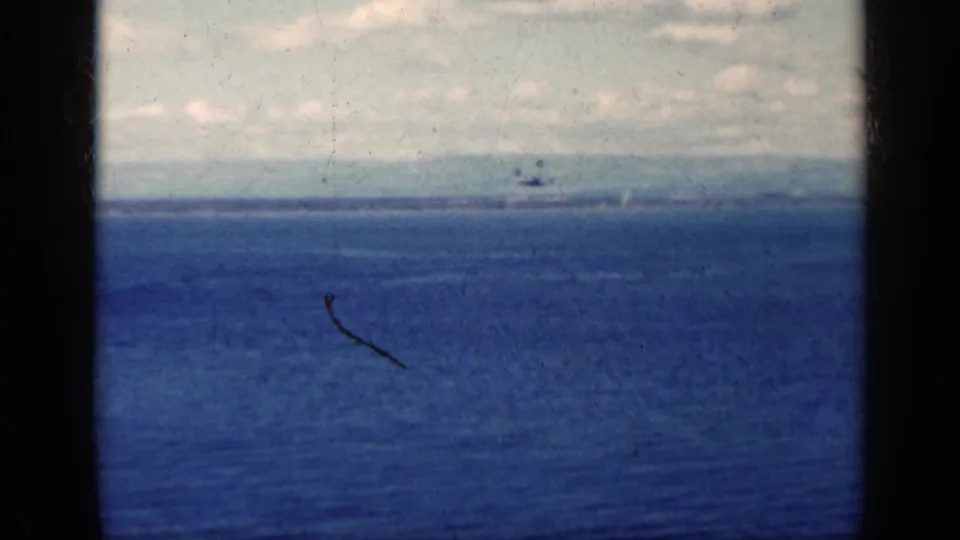 A 1962 Cuba-associated home-movie frame shows a tiny aircraft over the horizon with rippled blue water below.