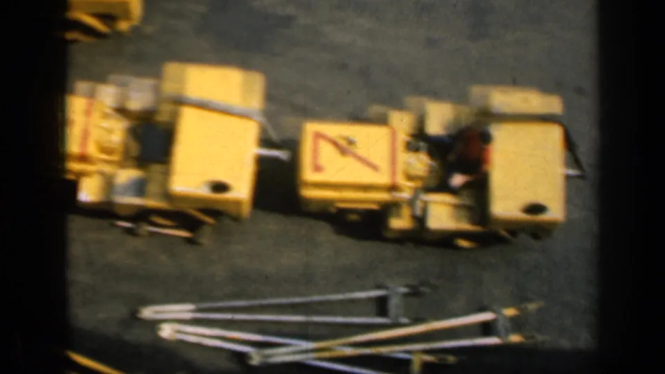Yellow military deck vehicles with red markings appear on an aircraft carrier deck, with a small person visible beside the equipment.