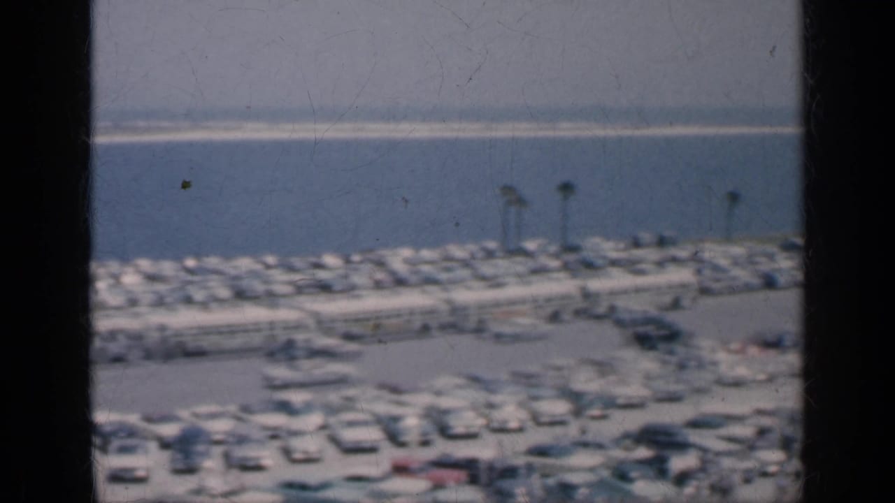 1962 Cuba 8mm frame of parked cars near a waterfront lined with palm trees, seen from behind dark window bars.