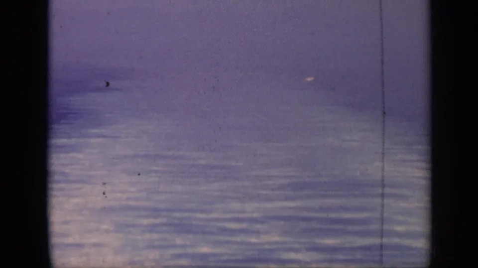 1962 Italy 8mm frame showing rippled open water, a low horizon, and faint offshore shapes with visible dust and scan artifacts.