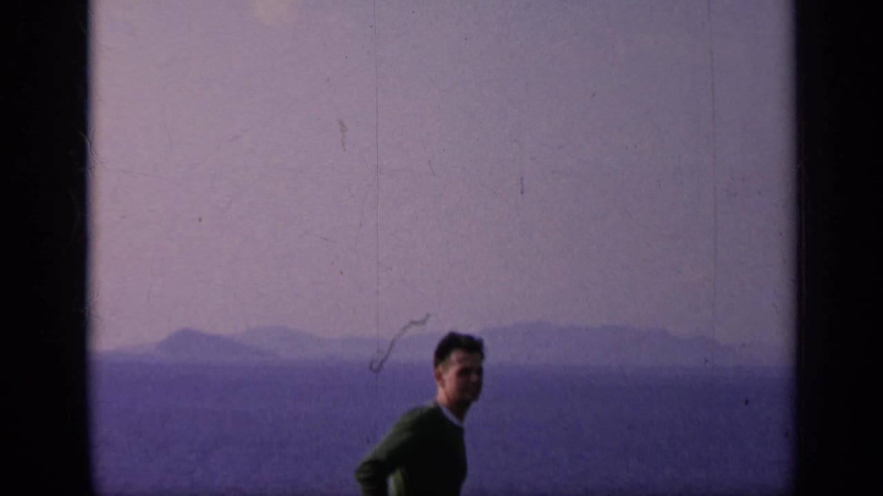 Man in a green sweater stands near the sea with hazy mountains in the distance.