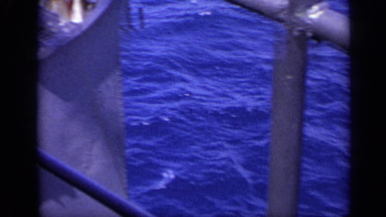 Deep blue water seen past dark frame edges and a gray metal railing.