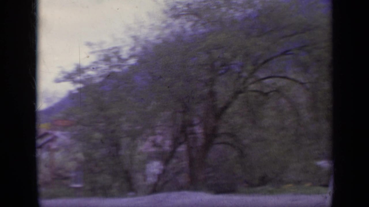 Trees, roadside space, and a small red-and-white sign with mountains in the background.