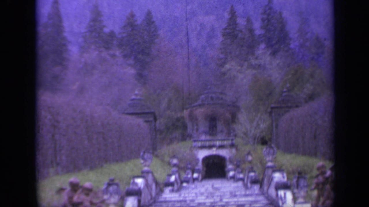 Formal garden staircase with lantern posts, hedges, trees, and arched stone opening.