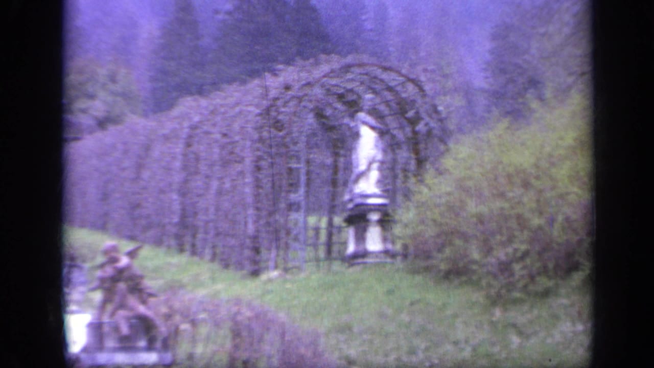 Arched trellis and statue-like figure set in a green garden.