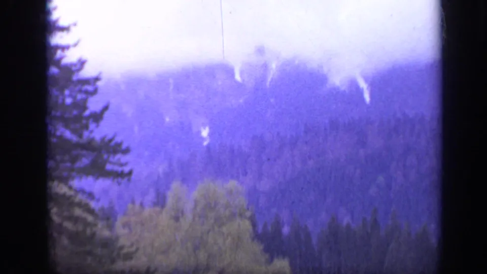 1962 Italy 8mm view of hazy wooded mountain slopes, pale sky, foreground branches, and soft color fading.