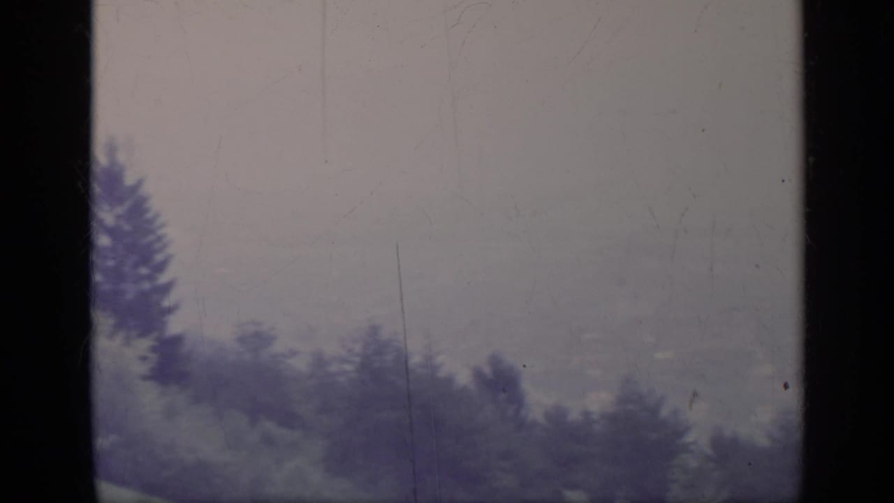Hazy mountain view through dark window bars with trees along the lower edge.
