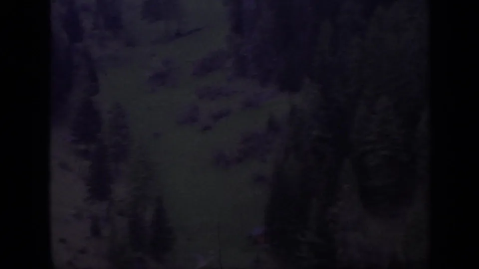 1962 Italian home-movie frame showing a dim wooded hillside and green rural slope through soft 8mm exposure.
