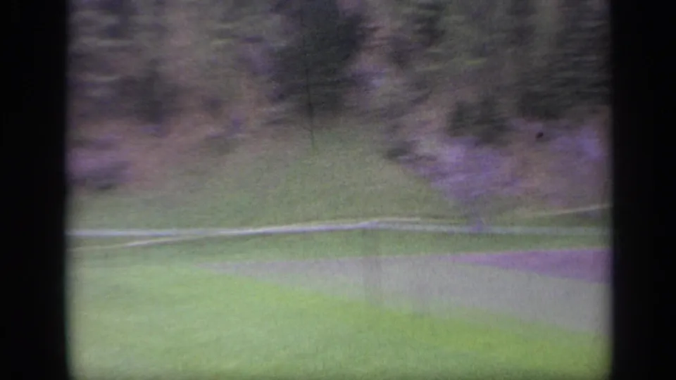 1962 Italy home-movie view of a green meadow below a forest edge, with a narrow pale path crossing the slope.