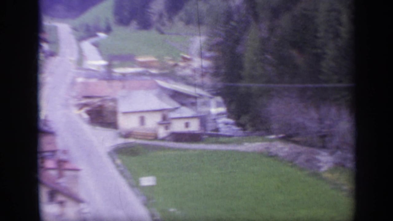 Winding road beside pale chalets and green fields at the edge of fir woods.