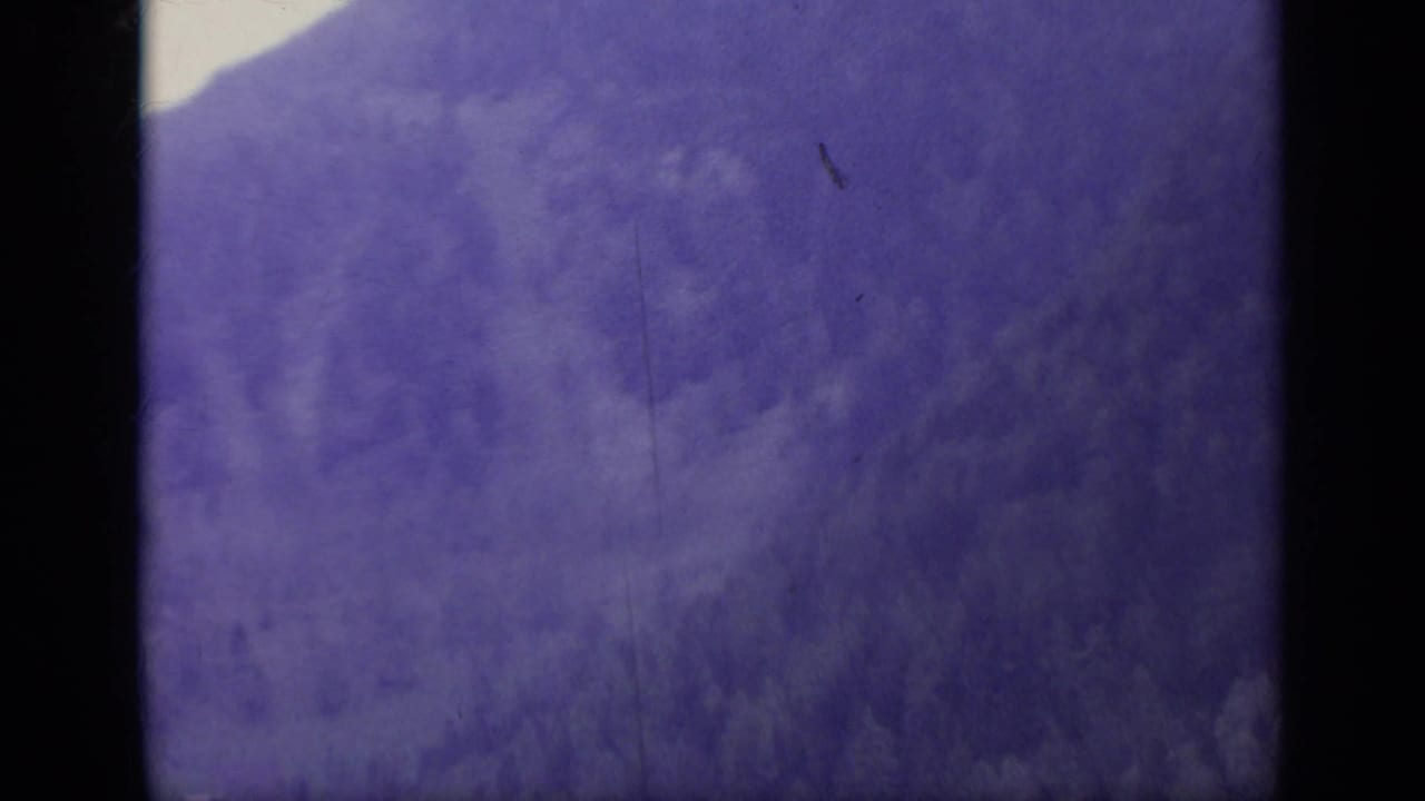 Purple-tinted mountain slope filling the frame with pale sky at the upper edge.