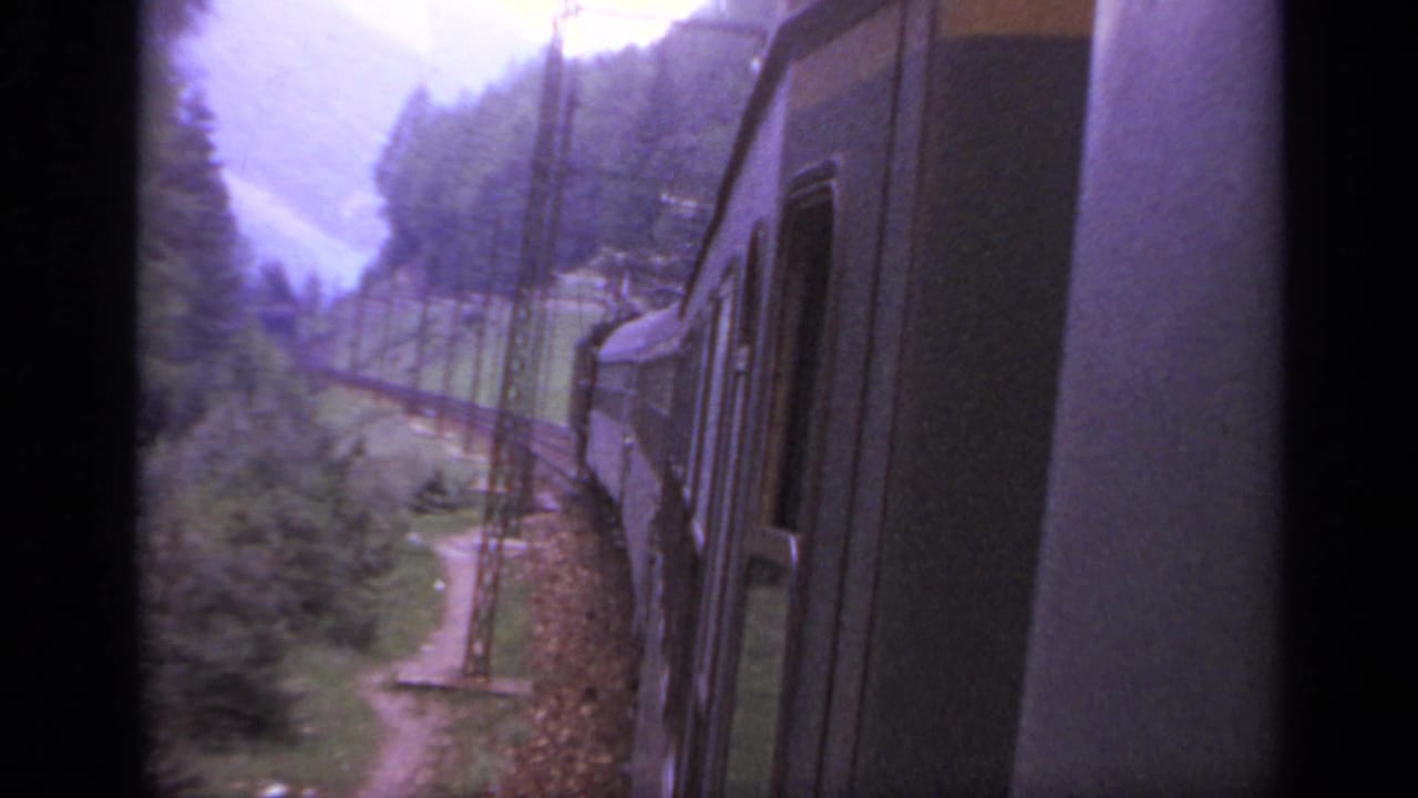 Passenger train seen from a moving train window beside forested alpine slopes.